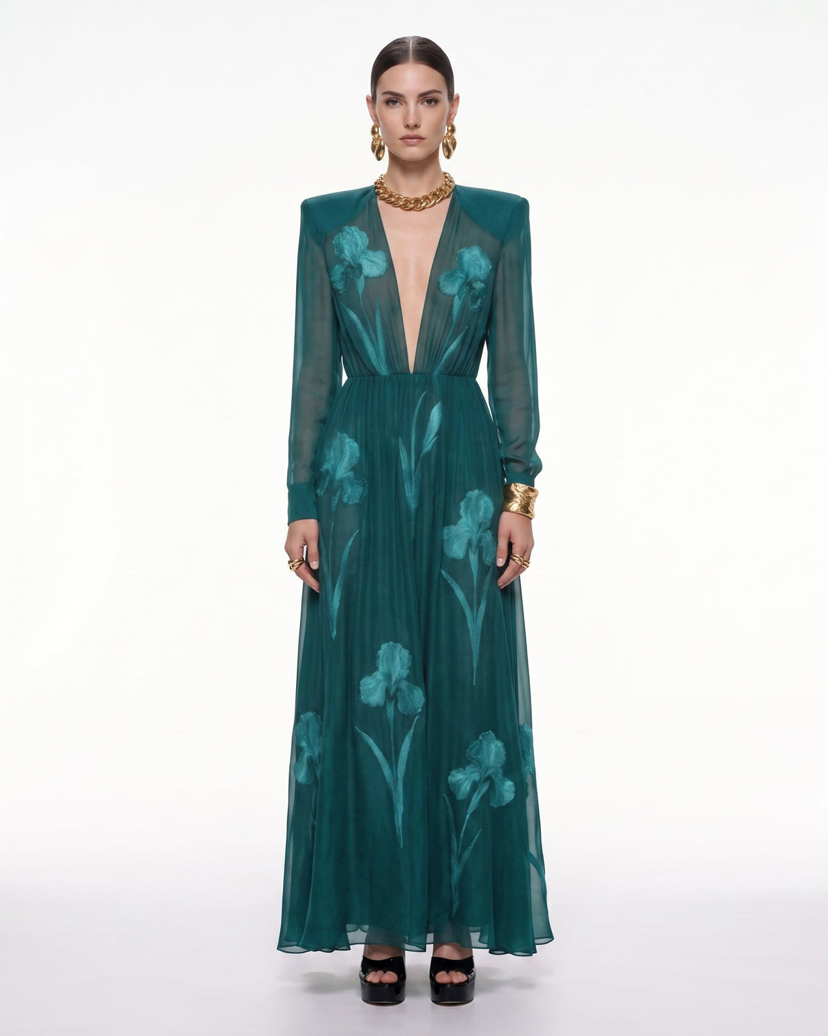 Iris Floral Print Long-Sleeve Sheer Gown - Peacock Green