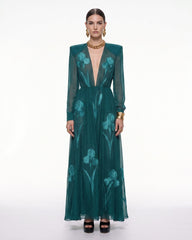 Iris Floral Print Long-Sleeve Sheer Gown - Peacock Green