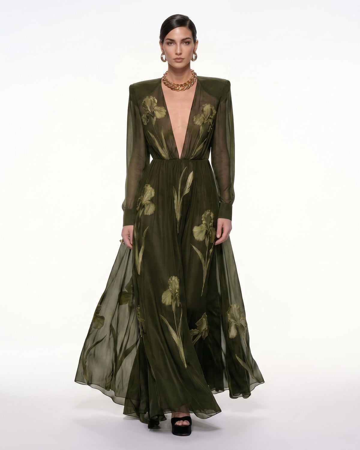 Iris Floral Print Long-Sleeve Sheer Gown - Olive Green