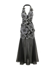 Floral Embroidered Sheer Overlay Maxi Dress - Black