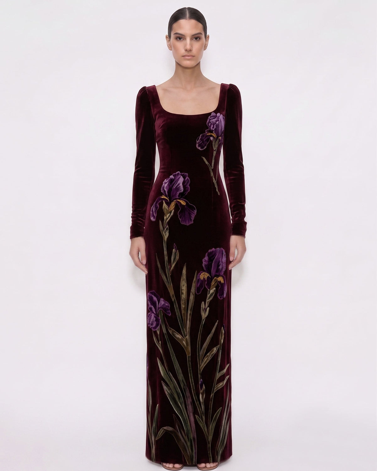 Velvet Iris Print Long Sleeve Maxi Dress - Burgundy