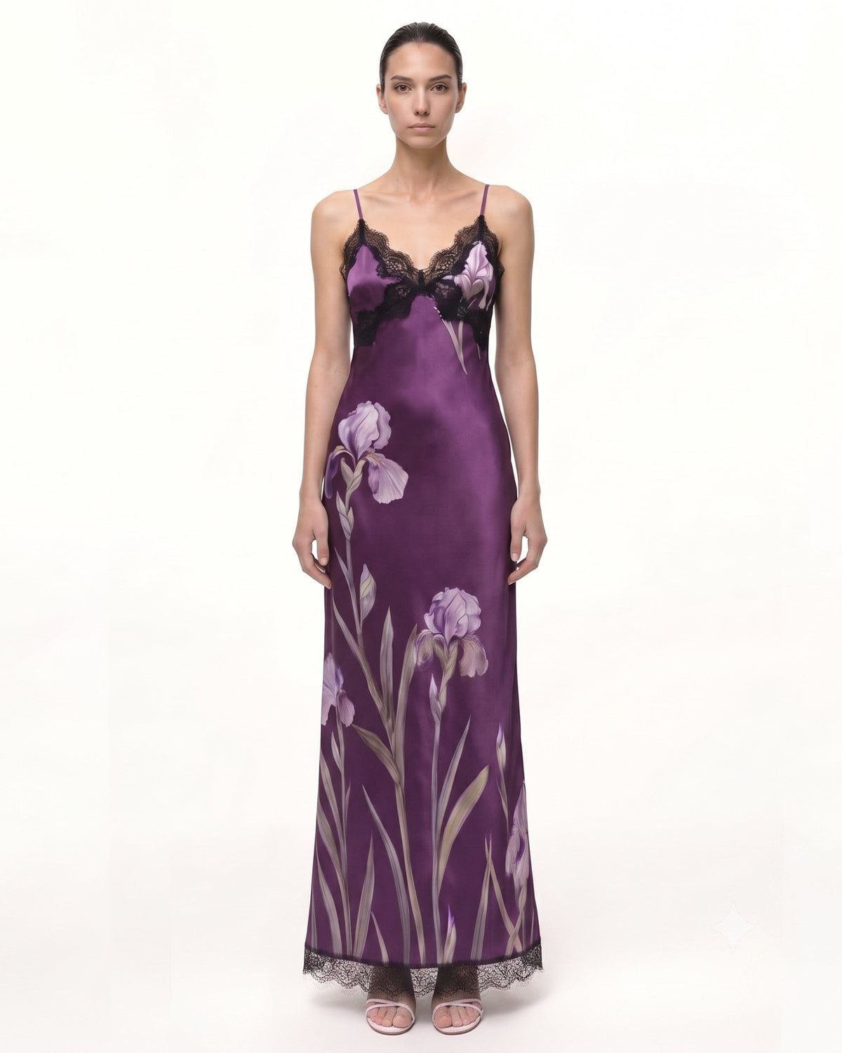Satin Iris Print Lace Trim Spaghetti Strap Maxi Dress - Purple