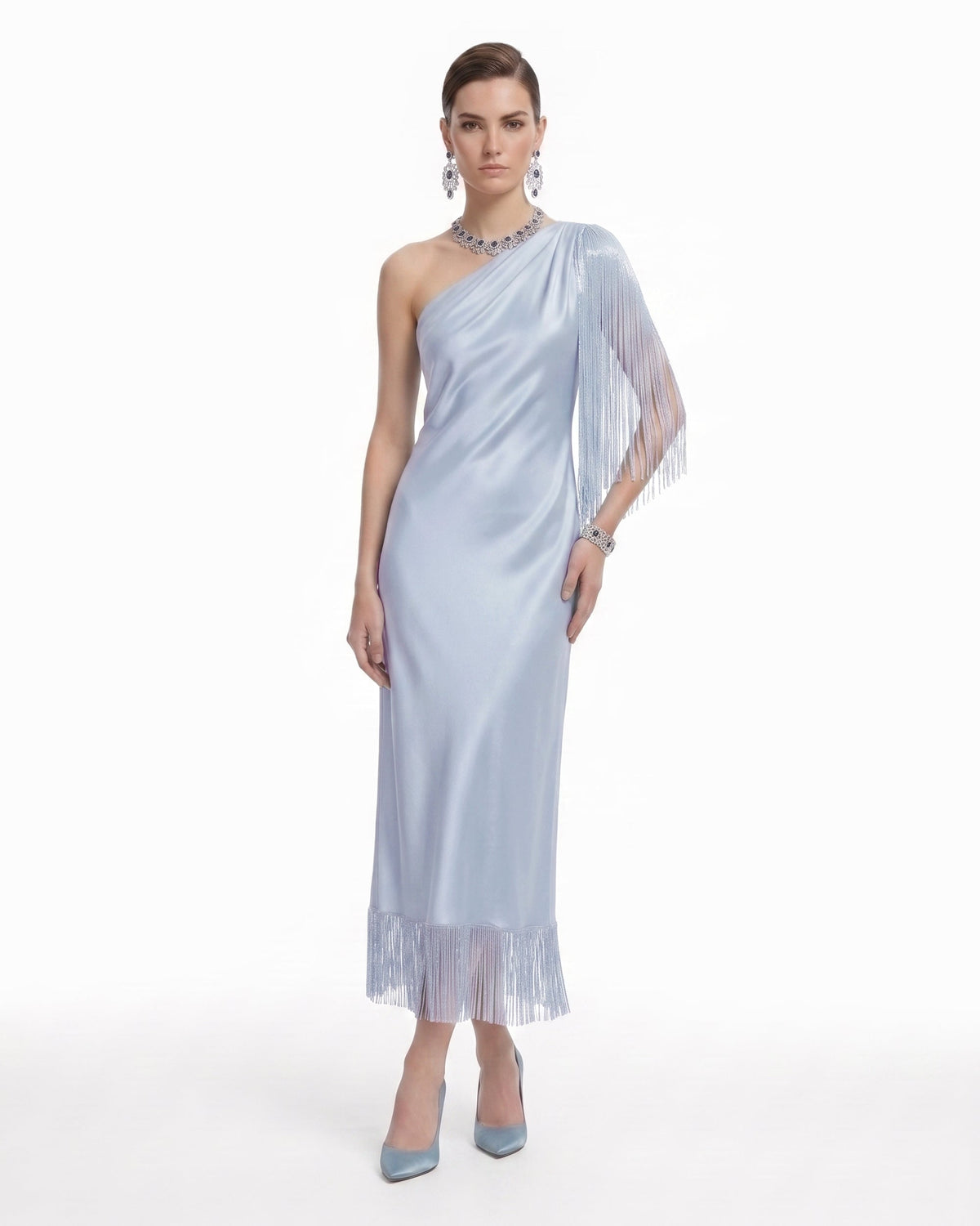 One Shoulder Fringe Midi Dress - Powder Blue