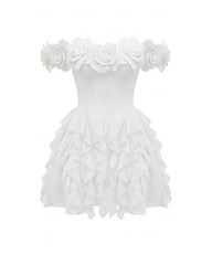 Flower Embroidered Off-Shoulder Corset Mini Dress - White