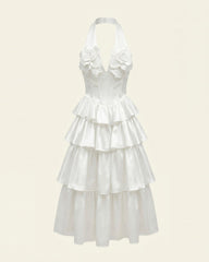 Flower Embroidered Tiered Halter Midi Dress - White