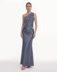 Floral One Shoulder Satin Dress - Slate Blue