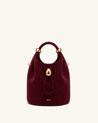 Ellie Faux Suede Metal Ring Drawstring Bucket Bag - Burgundy