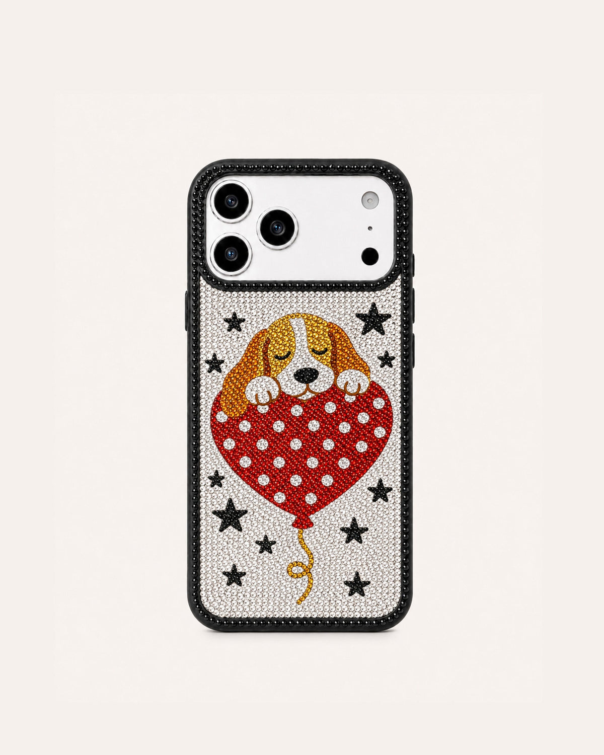 Heart Balloon Puppy Artificial Crystal Phone Case - Black