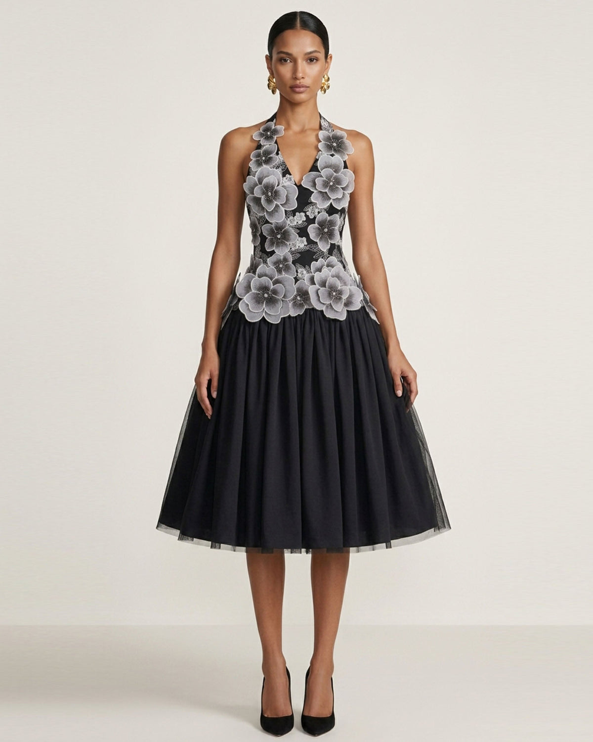 Floral Embroidered Fit-and-Flare Midi Dress - Black